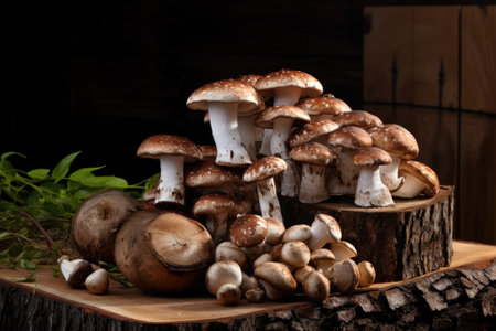 homegrown shiitake mushrooms on wooden logs, created with generative aiの素材