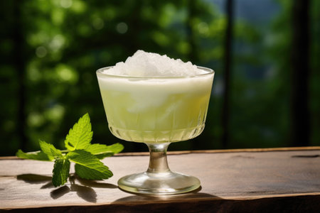 pisco cocktail in glass with mint and ice outdoors, created with generative aiの素材