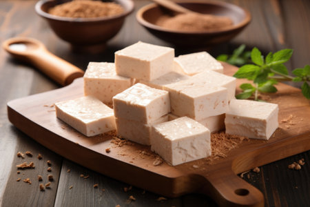 freshly made tofu blocks on a wooden board, created with generative aiの素材