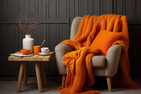 knitted blanket draped over a comfortable armchair with a side table, created with generative aiの素材