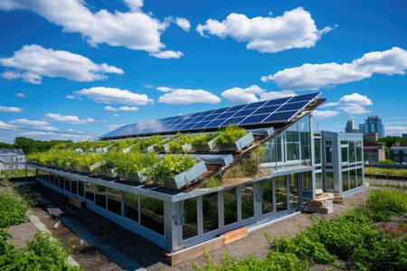 solar panels installed on a green rooftop, created with generative aiの素材