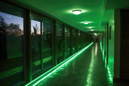 efficient led lighting installed in a green construction, created with generative aiの素材