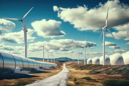 wide-angle shot of wind turbines near energy storage system, created with generative aiの素材