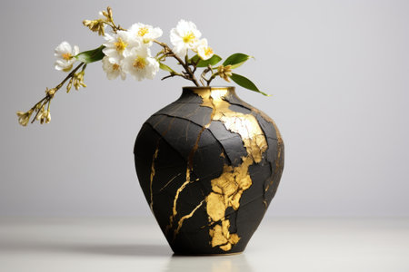 kintsugi golden repair on vintage pottery vase, created with generative aiの素材