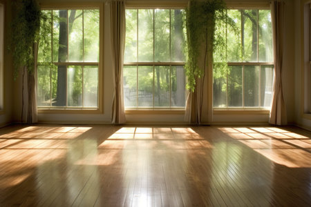 clean bamboo flooring reflecting sunlight through window, created with generative aiの素材