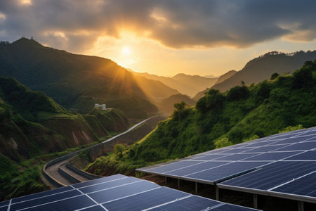wide shot of solar panels with beautiful landscape background, created with generative aiの素材
