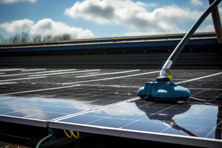 close-up of solar panels on a rooftop during cleaning, created with generative aiの素材