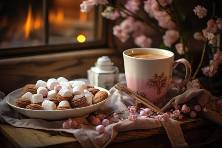 hot chocolate with marshmallows in a cozy setting, created with generative aiの素材