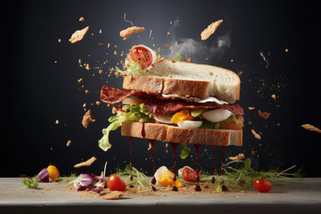 deconstructed sandwich with ingredients floating mid-air, created with generative aiの素材
