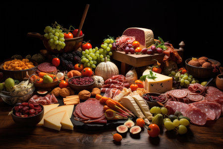 a variety of deli meats, cheese, and veggies spread out, created with generative aiの素材