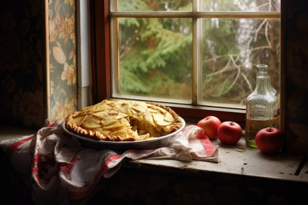 homemade apple pie on a window sill to cool, created with generative aiの素材