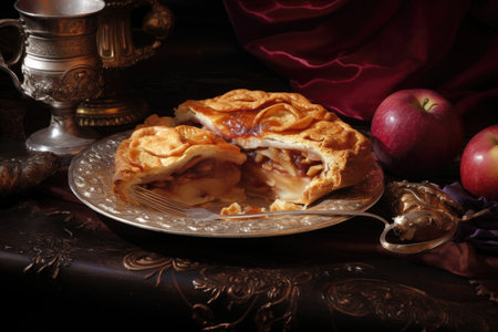 a whole apple pie with a cut piece, on a decorative plate, created with generative aiの素材