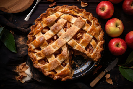 top view of whole apple pie with one slice removed, created with generative aiの素材