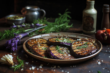 roasted eggplants with charred skin peeling, created with generative aiの素材