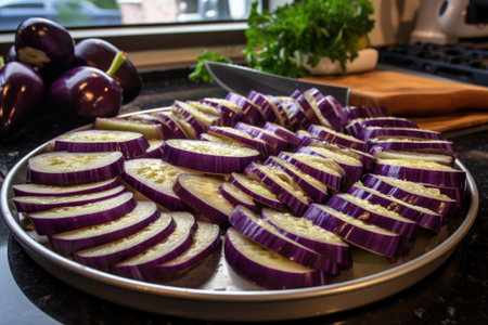 sliced eggplants ready for roasting, created with generative aiの素材