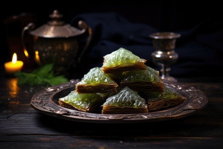 baklava diamonds served on a rustic plate, created with generative aiの素材