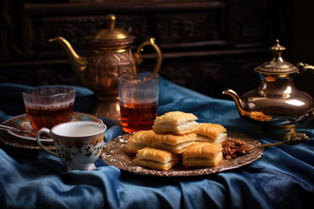 traditional baklava and turkish tea in a cozy setting, created with generative aiの素材