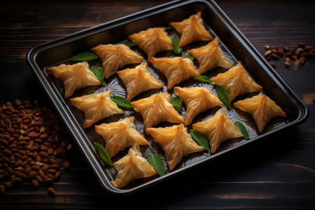 baking tray filled with uncooked baklava, created with generative aiの素材