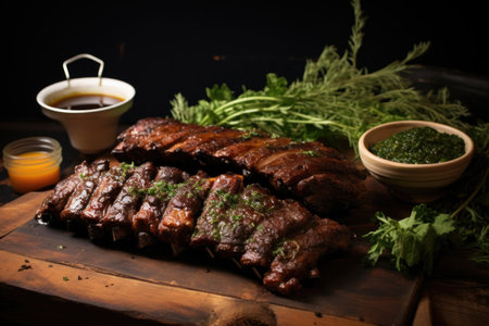 sliced grilled ribs with dipping sauce and herbs, created with generative aiの素材