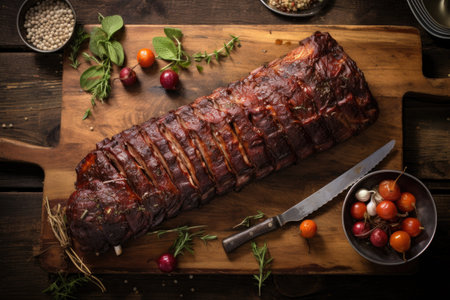 bbq ribs on rustic wooden table, top view, created with generative aiの素材