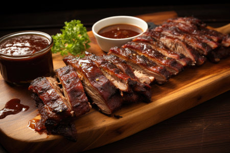 sliced bbq ribs with dipping sauce on side, created with generative aiの素材