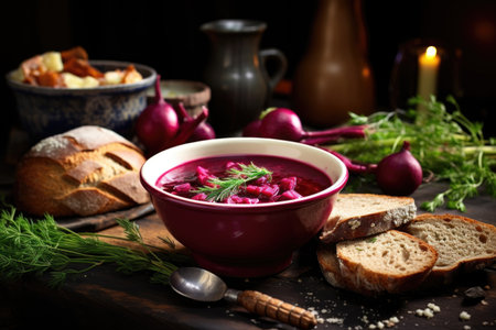 garnished bowl of beetroot soup with bread on the side, created with generative aiの素材