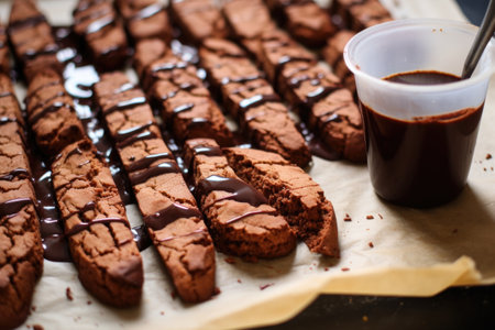 dipping biscotti in melted chocolate, on parchment paper, created with generative aiの素材