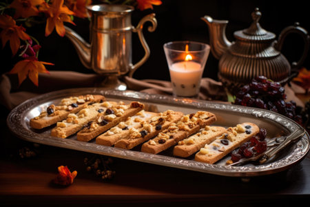 biscotti with nuts and dried fruits on a tray, created with generative aiの素材
