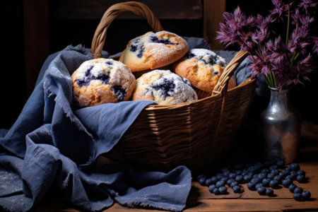 blueberry muffins in a rustic basket, created with generative aiの素材
