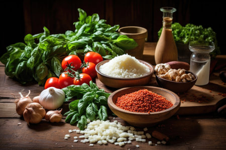 fresh ingredients for bolognese sauce on a wooden table, created with generative aiの素材