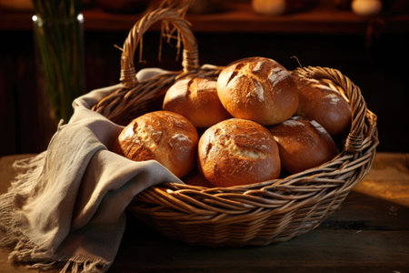 freshly baked bread rolls in a rustic basket, created with generative aiの素材