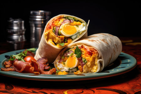 close-up of a rolled breakfast burrito on plate, created with generative aiの素材