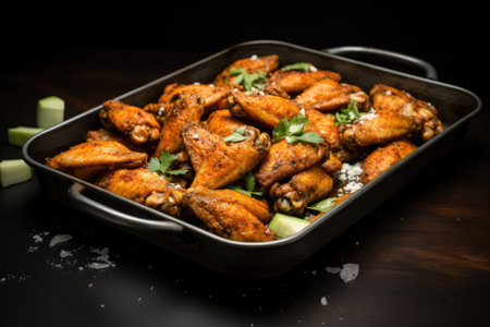 oven tray filled with seasoned buffalo wings, created with generative aiの素材