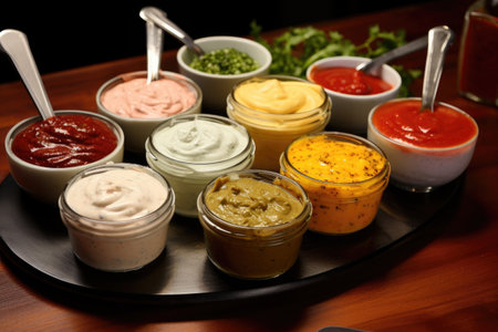 variety of sauces and condiments for burger customization, created with generative aiの素材