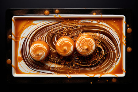 overhead view of caramel-filled dessert on a tray, created with generative aiの素材