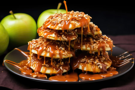 caramel dipped apple slices on a plate, created with generative aiの素材