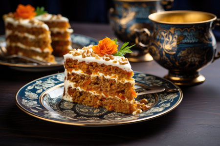sliced carrot cake on a stylish serving plate, created with generative aiの素材