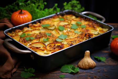 freshly baked casserole with a golden crust, created with generative aiの素材
