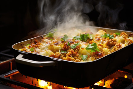 steaming hot casserole taken out of the oven, created with generative aiの素材