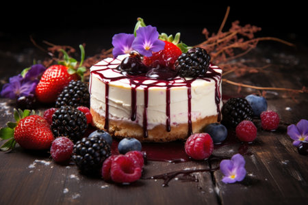 freshly made cheesecake with berry garnish, created with generative aiの素材