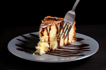 cheesecake slice with a fork digging in on a plate, created with generative aiの素材
