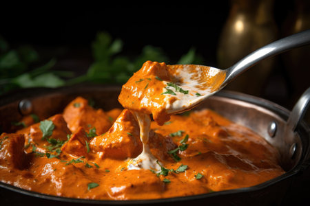 close-up of a spoonful of chicken tikka masala, created with generative aiの素材