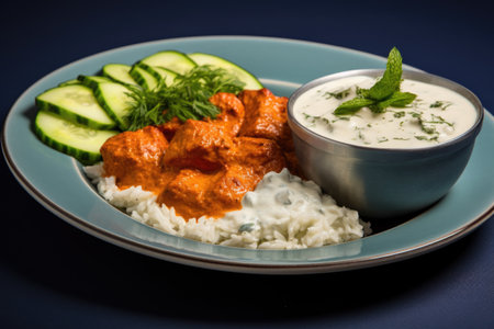 chicken tikka masala with a side of cucumber raita, created with generative aiの素材