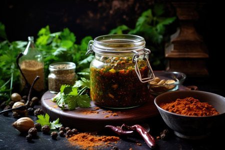 chutney in glass jar with herbs and spices, created with generative aiの素材
