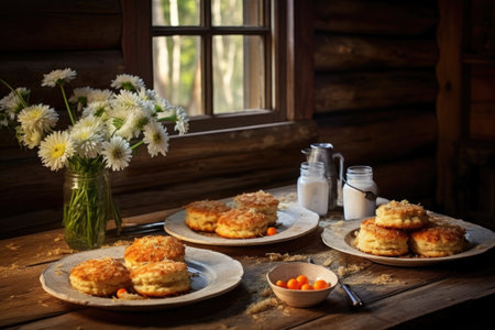 rustic table setting with crab cakes, created with generative aiの素材