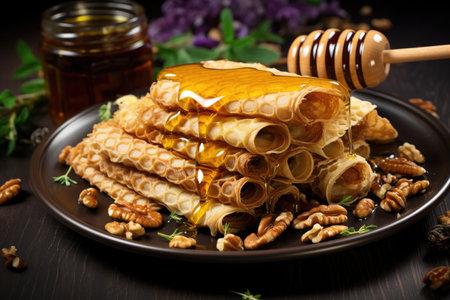 rolled crepes with honey and nuts topping, created with generative aiの素材