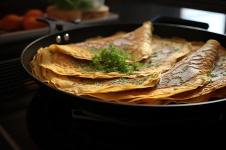 freshly cooked crepe flipped on non-stick pan, created with generative aiの素材