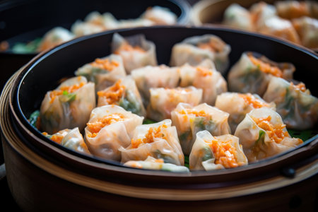close-up of dim sum filling: shrimp, pork, or vegetables, created with generative aiの素材