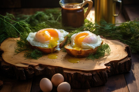 poached eggs on a wooden board, created with generative aiの素材