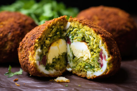 close-up of a falafel ball cut in half, revealing inside texture, created with generative aiの素材